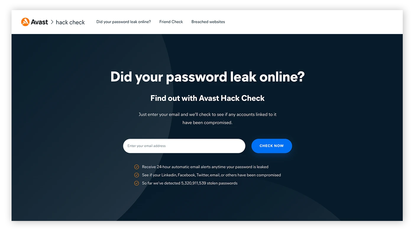 Avast Hack Check是一个免费工具,用来检查和查看您的个人数据是否已泄露。