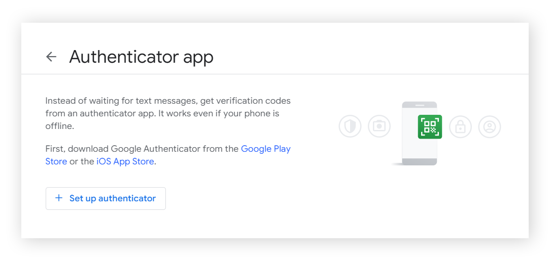 Google 帐户中的身份验证应用配置画面